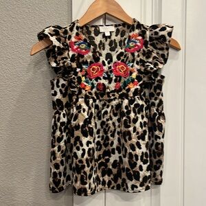 Oddy kids girls top.  Size XL; leopard print with fliral embroidery.